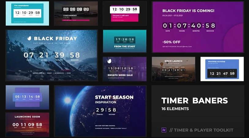 AE/PR模板 60组时尚创意图形数字计时器播放器倒计时动画 Timer & Player Toolkit