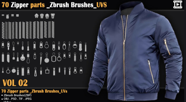 ZBrush拉链笔刷预设70组 Artstation – 70 Zipper Parts – Zbrush Brushes – UVS