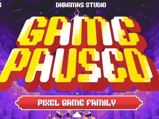 90年代街机电玩复古游戏像素化传单海报设计英文字体 Game Paused – Pixel Game Family