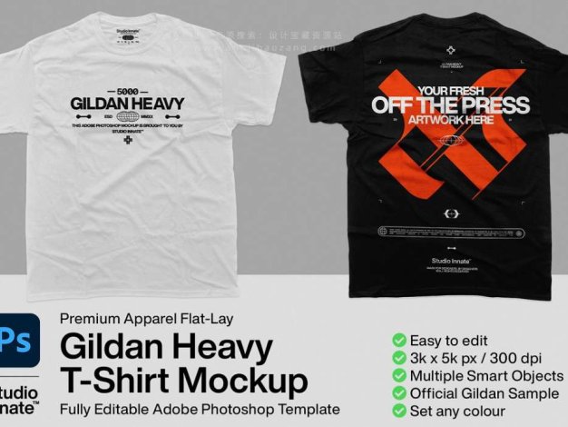 PS样机 时尚潮牌短袖T恤平铺服装印花图案设计贴图 5000 Gildan Heavy – T-Shirt Mockup