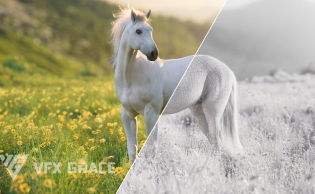 Blender白马动物毛发贴图骨骼3D模型资产 VFX Grace – White Horse Animation