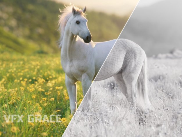 Blender白马动物毛发贴图骨骼3D模型资产 VFX Grace – White Horse Animation